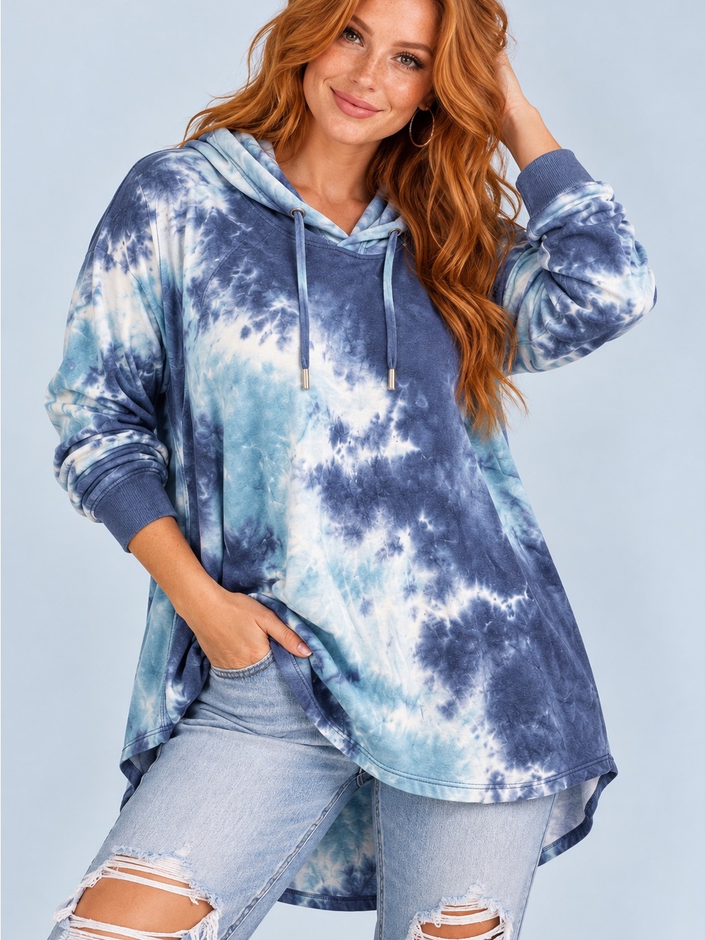 C&C California Blue Tie-Dye Hooded Tunic Top – Size 1X